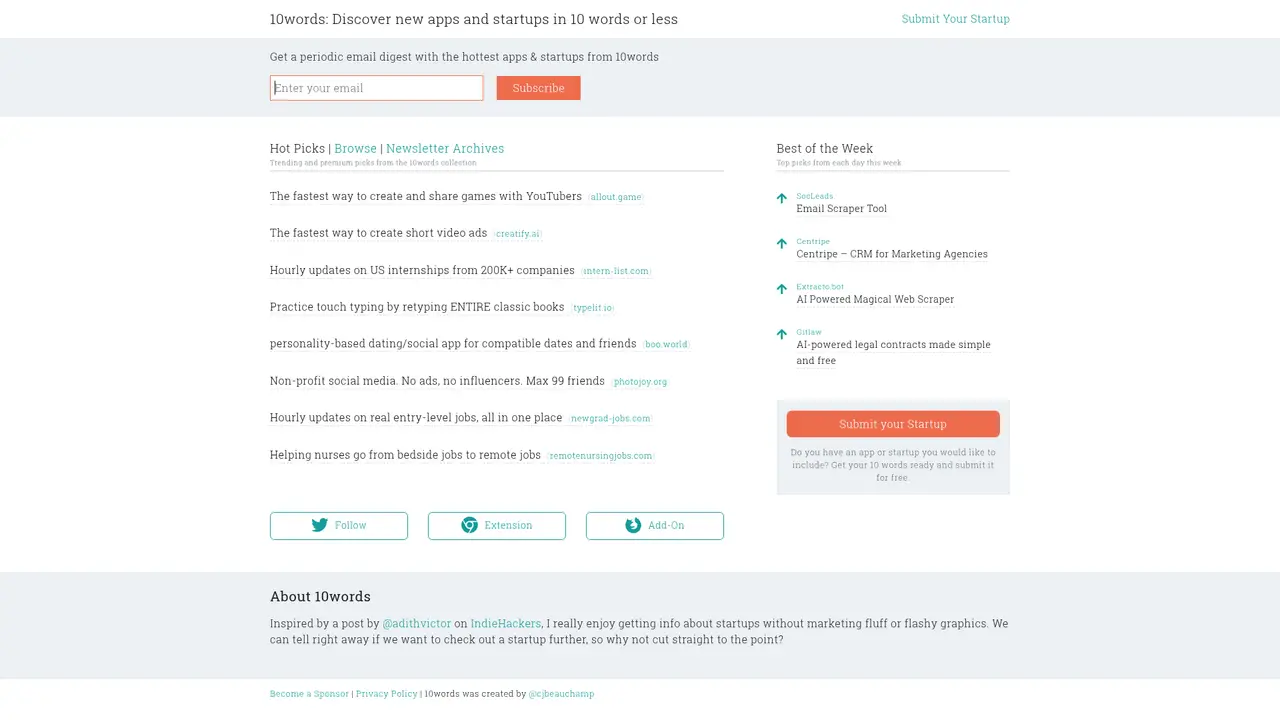 10words homepage screenshot