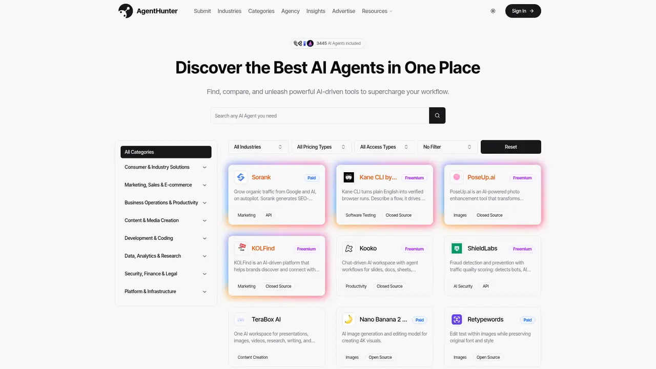 AgentHunter homepage screenshot