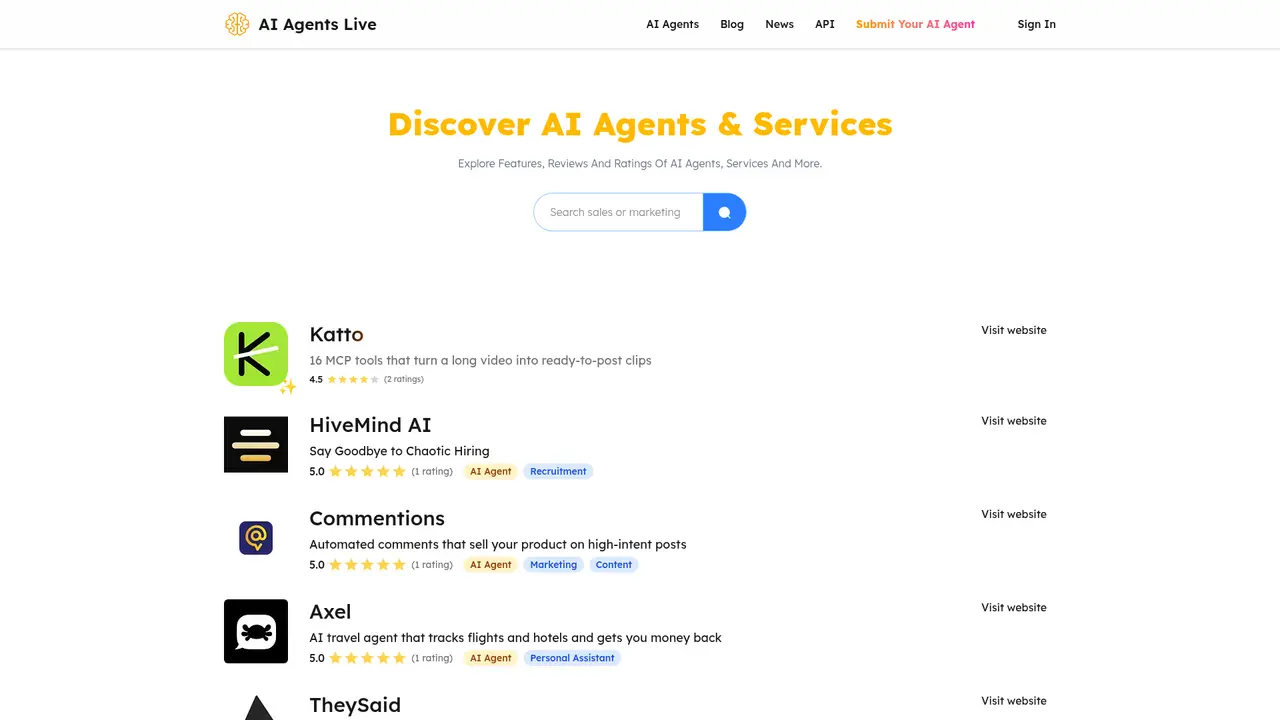 AI Agents Live homepage screenshot
