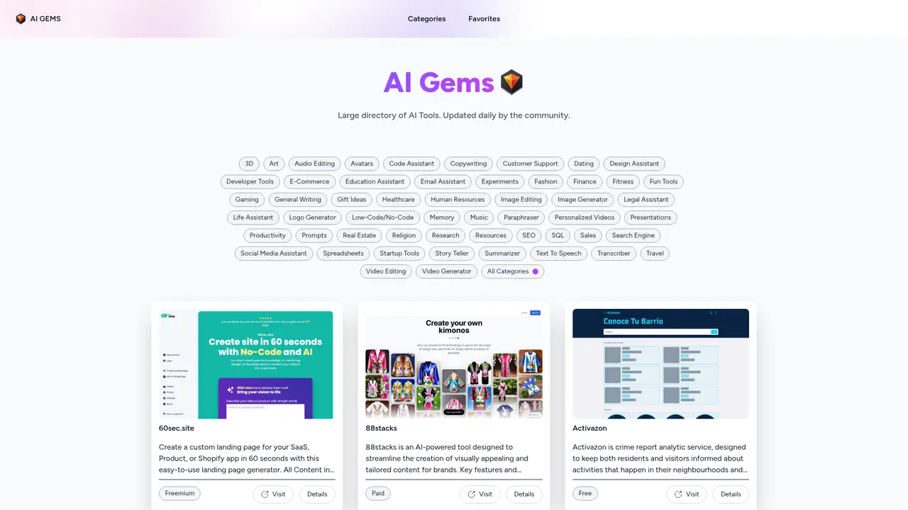 AI Gems homepage screenshot