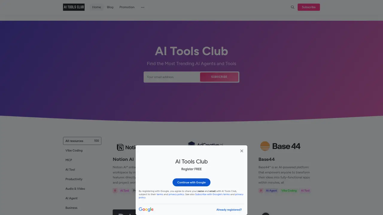 AI Tools Club homepage screenshot