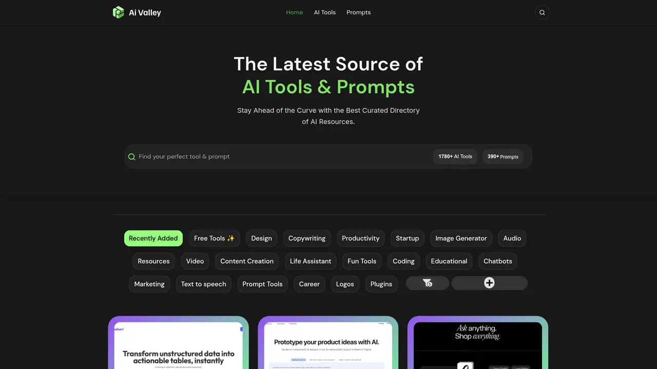 AI Valley homepage screenshot