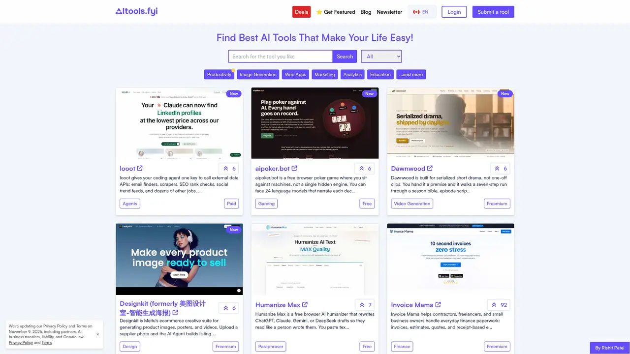 AITools.fyi homepage screenshot