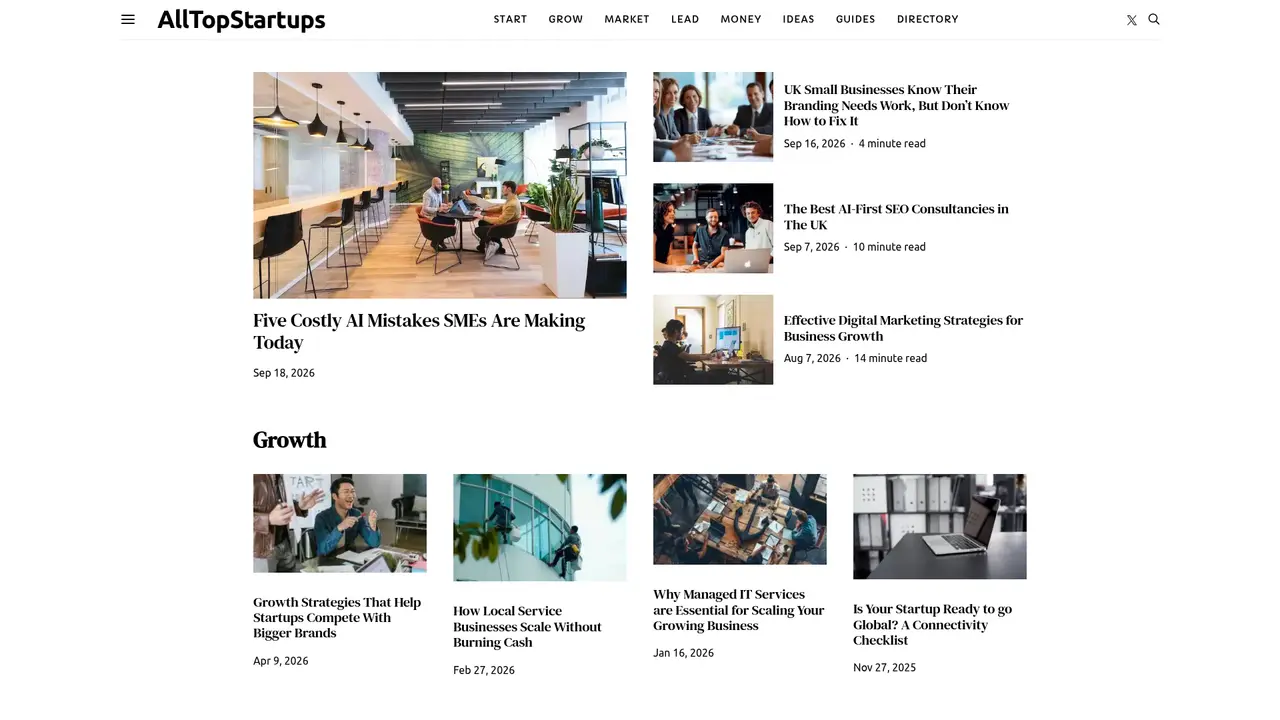 AllTopStartups homepage screenshot