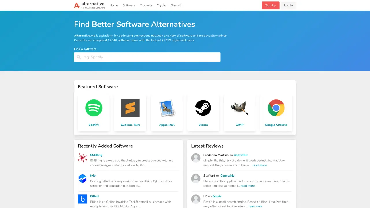 Alternative homepage screenshot