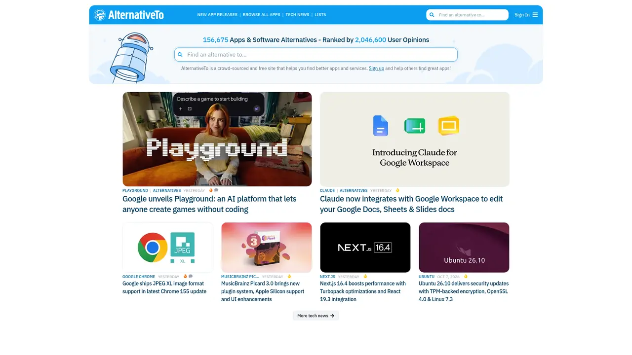 AlternativeTo homepage screenshot