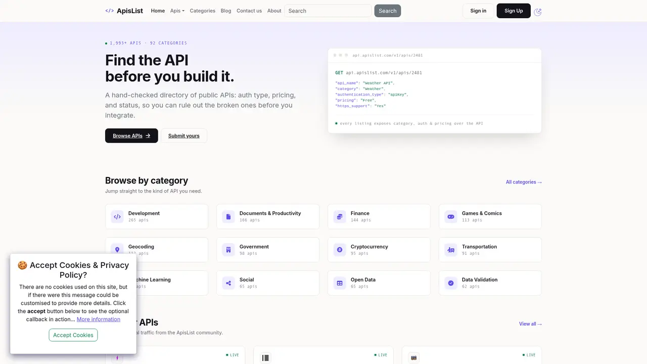 APIs List homepage screenshot