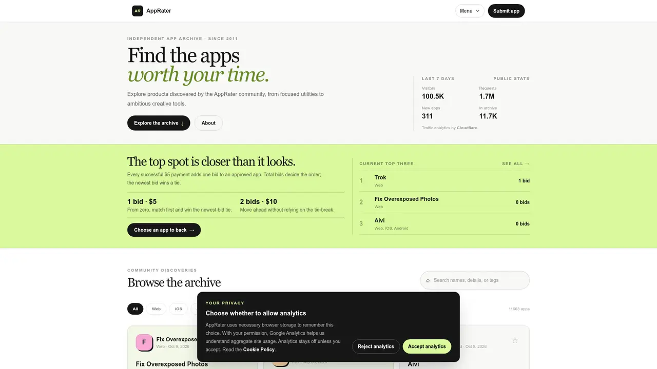 AppRater homepage screenshot