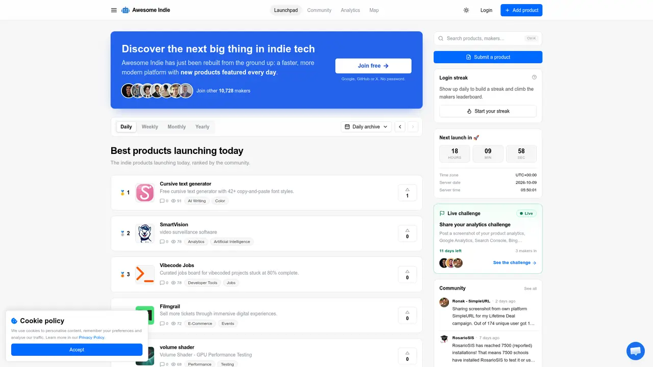 Awesome Indie homepage screenshot
