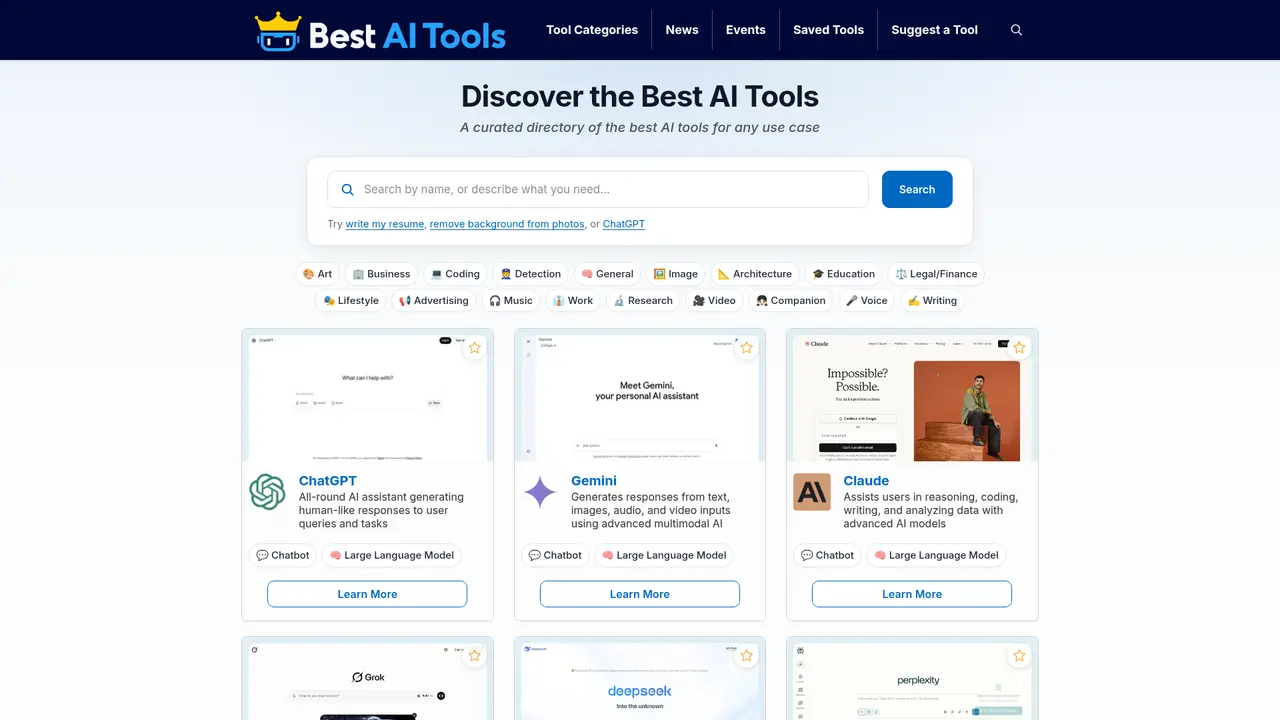 Best AI Tools homepage screenshot