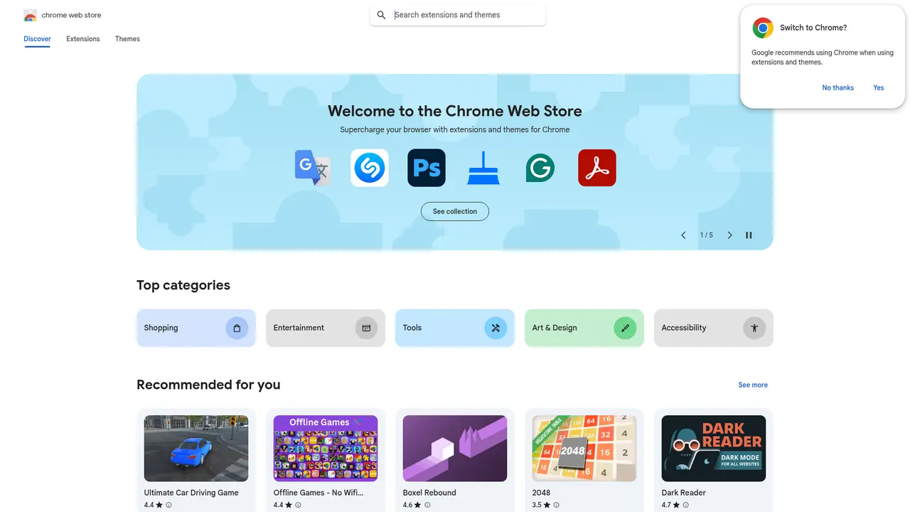 Chrome Web Store homepage screenshot
