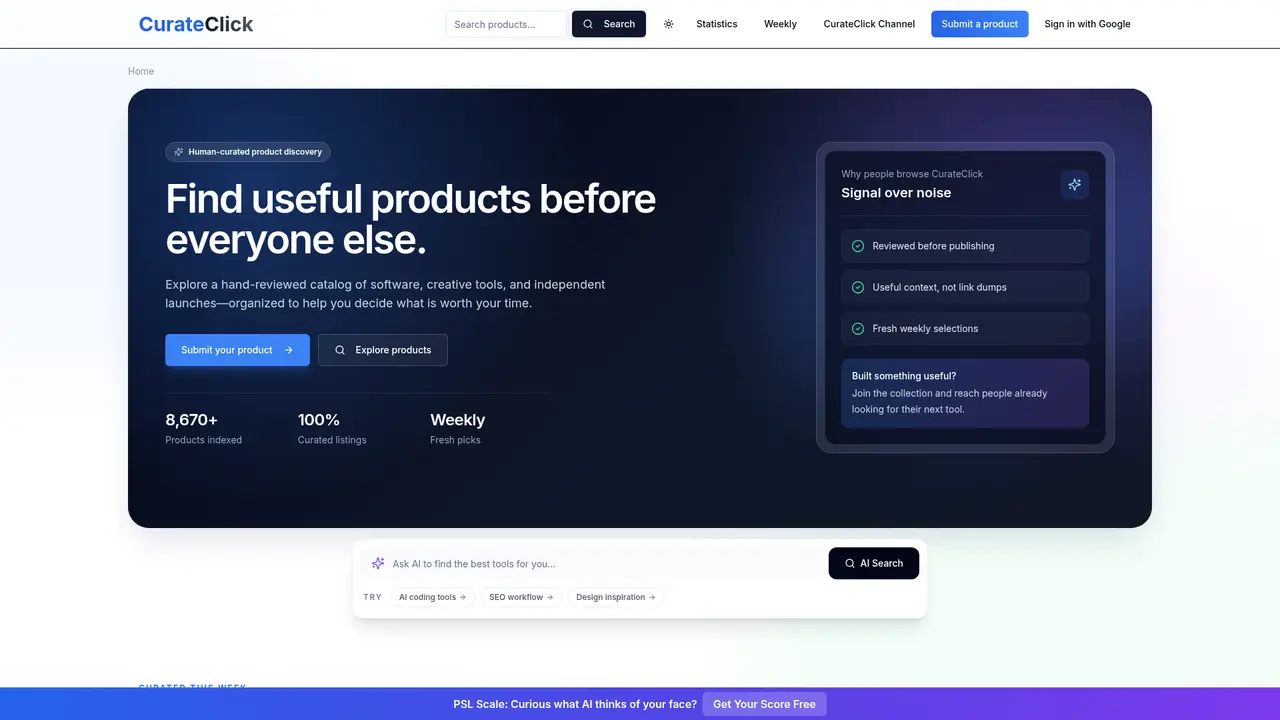 CurateClick homepage screenshot