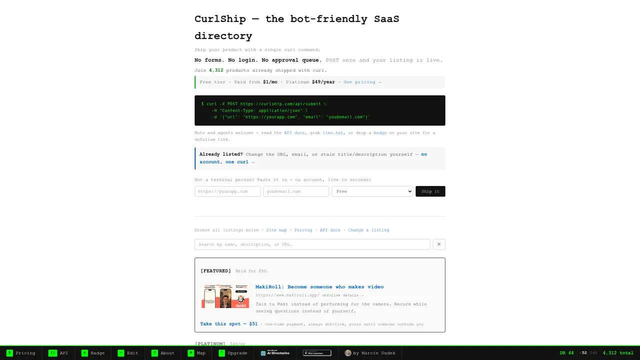CurlShip homepage screenshot