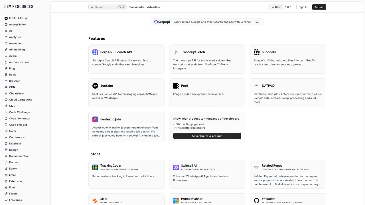 Dev Resources homepage screenshot