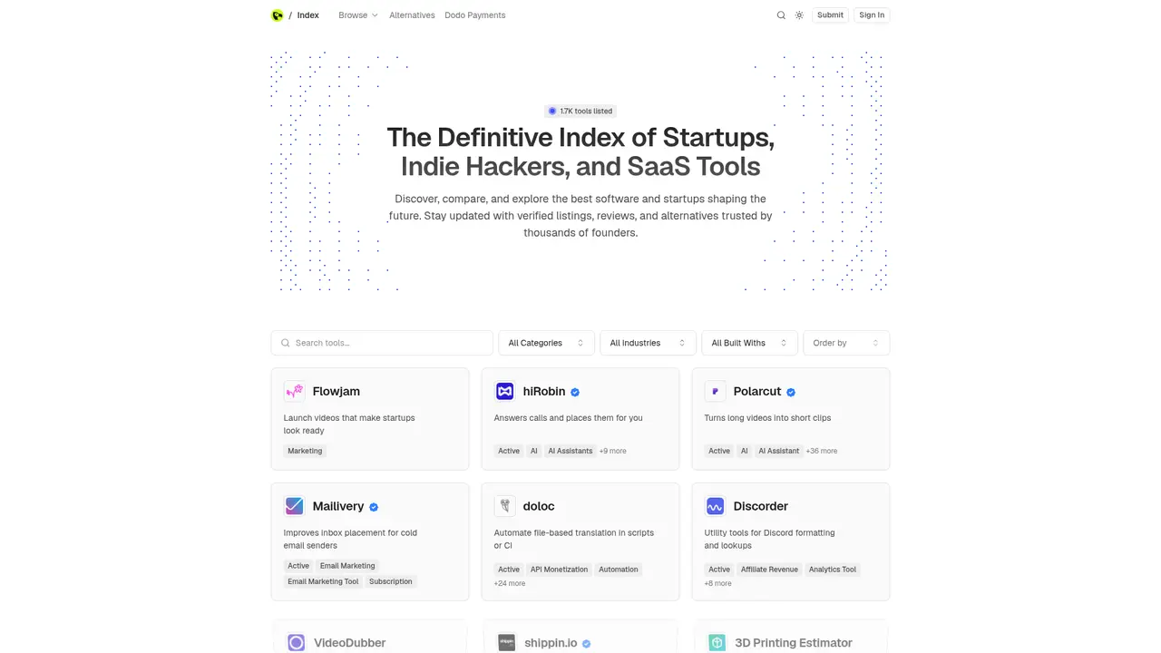 Dodo Payments Index homepage screenshot