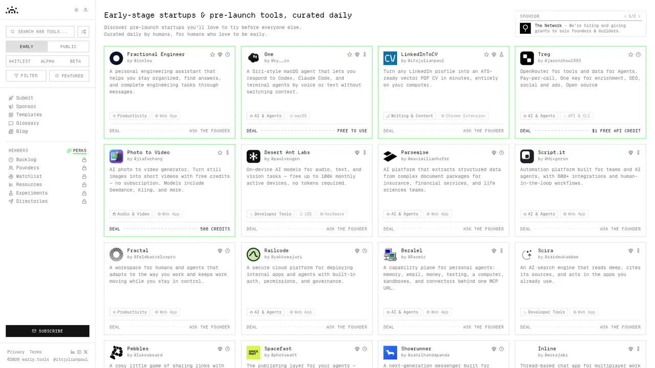 Early.tools homepage screenshot