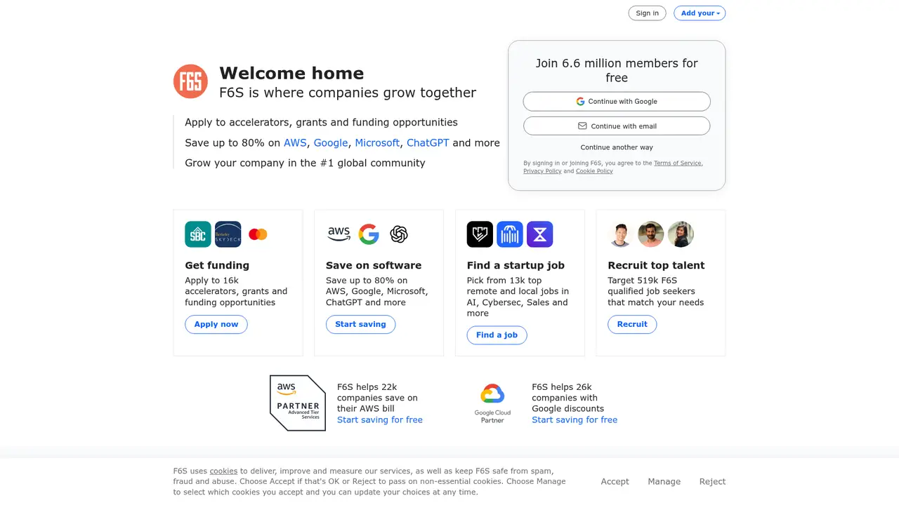 F6S homepage screenshot