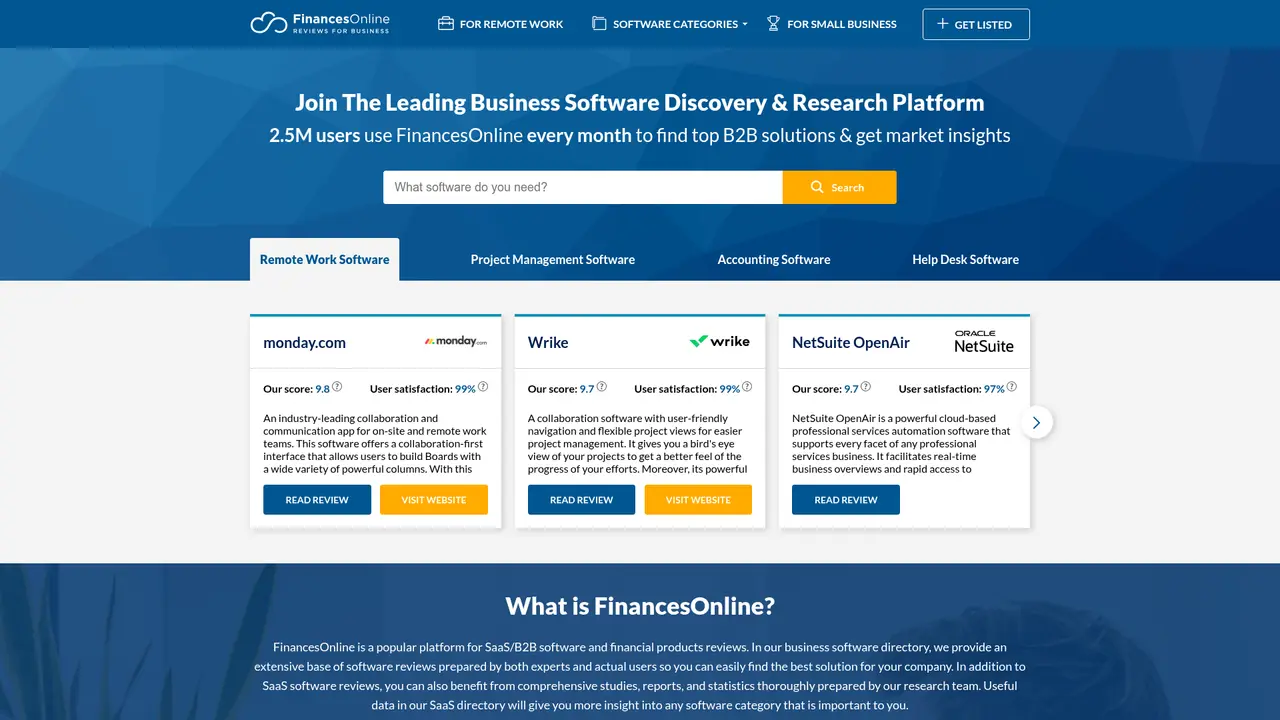 FinancesOnline homepage screenshot