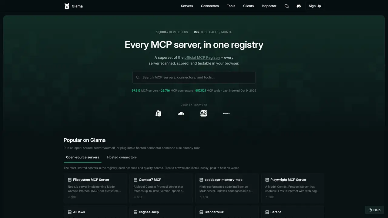 Glama MCP Registry homepage screenshot