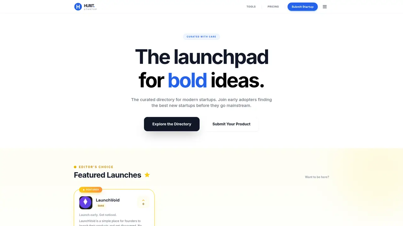 Hunt Startup homepage screenshot