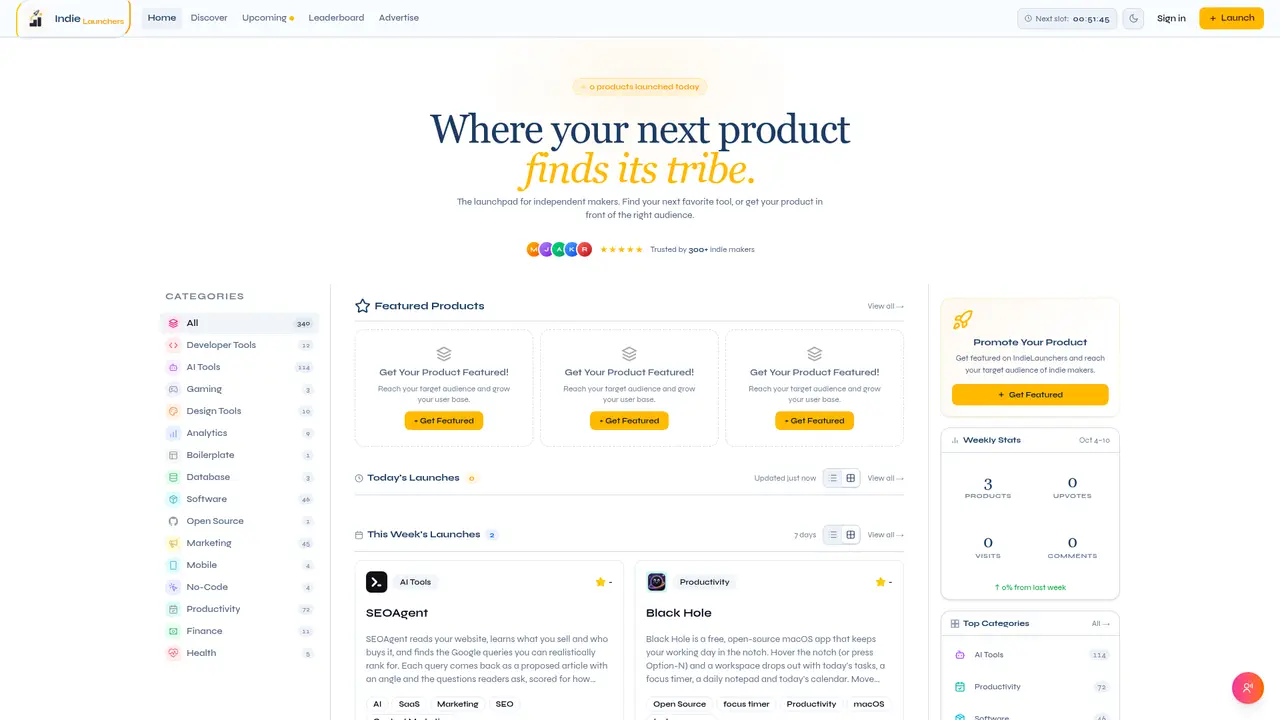 Indie Launchers homepage screenshot