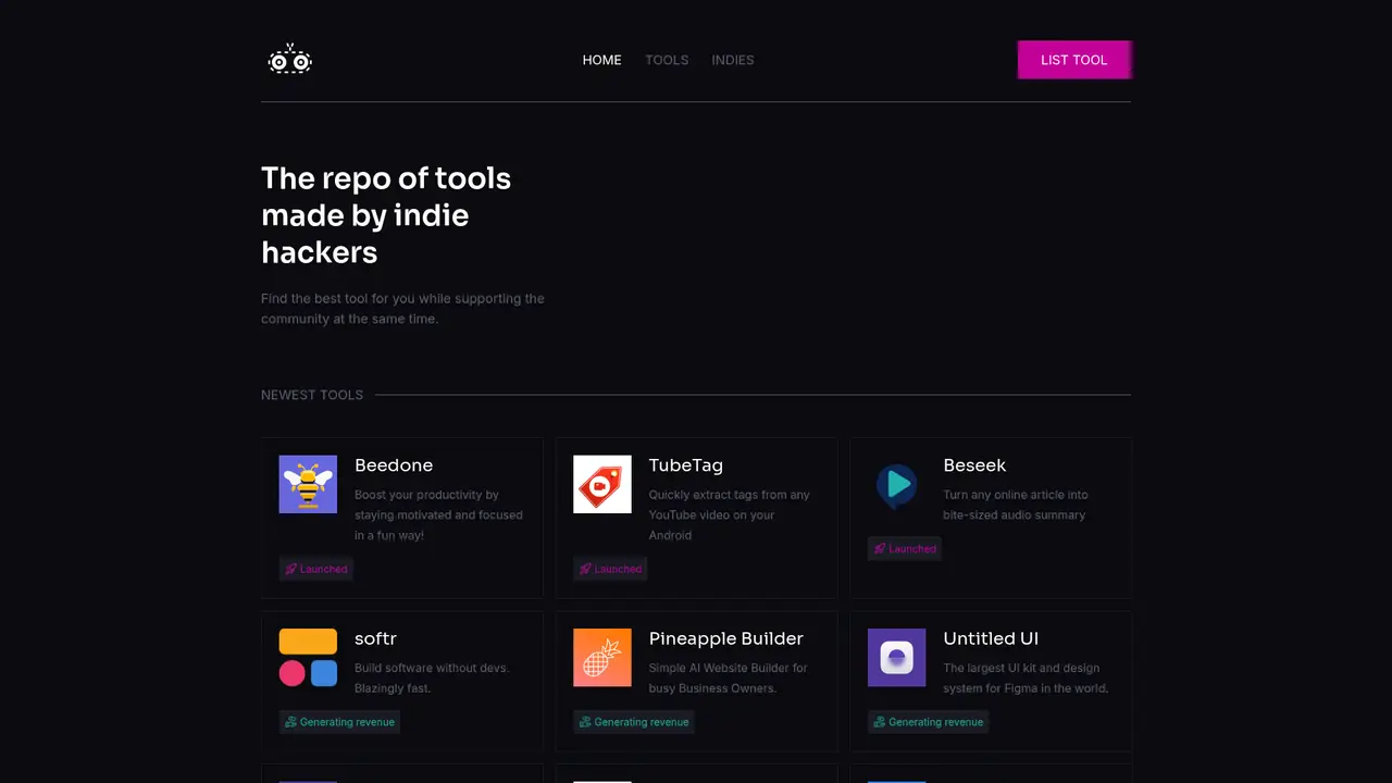 IndieHacker Tools homepage screenshot