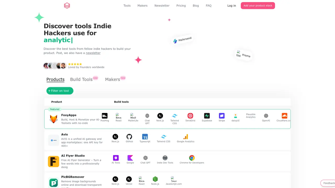 IndieHackerStacks homepage screenshot
