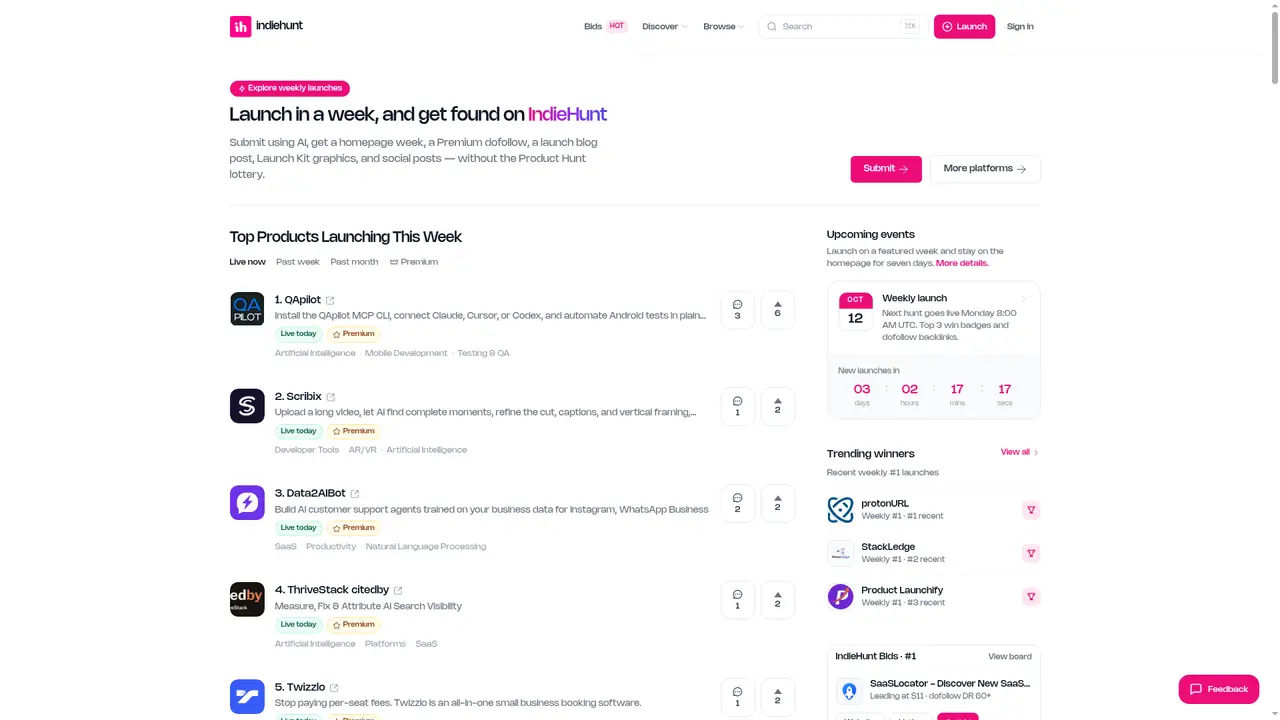 IndieHunt homepage screenshot