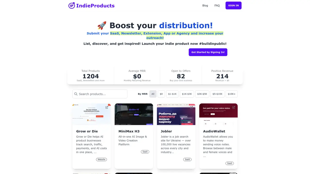 IndieProducts homepage screenshot