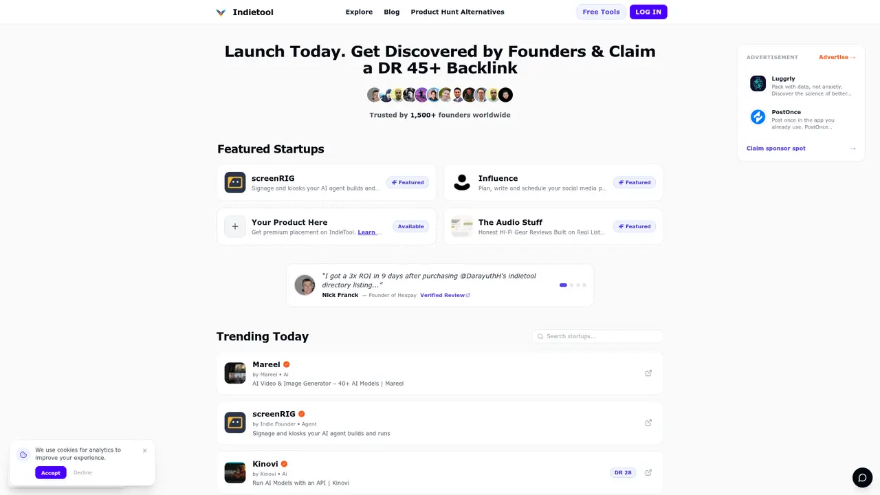 IndieTool homepage screenshot