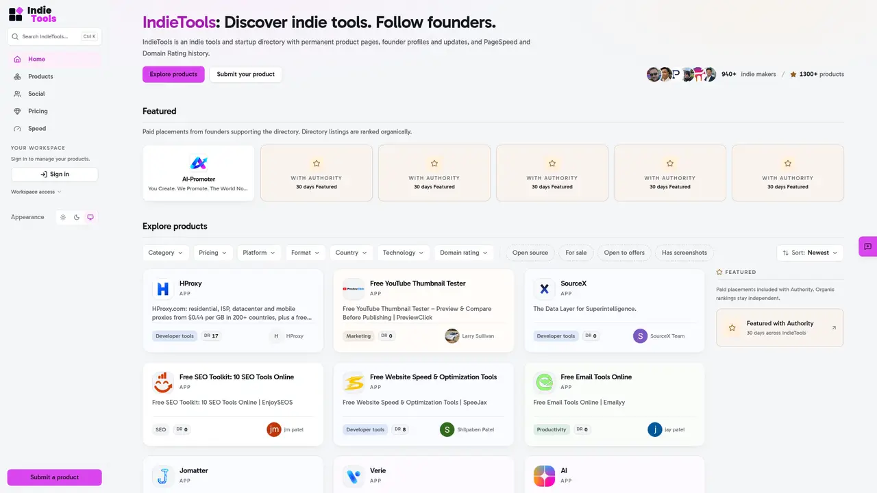IndieTools homepage screenshot