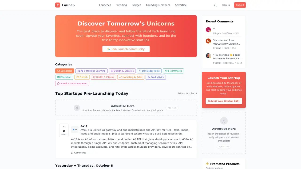 Launch.community homepage screenshot