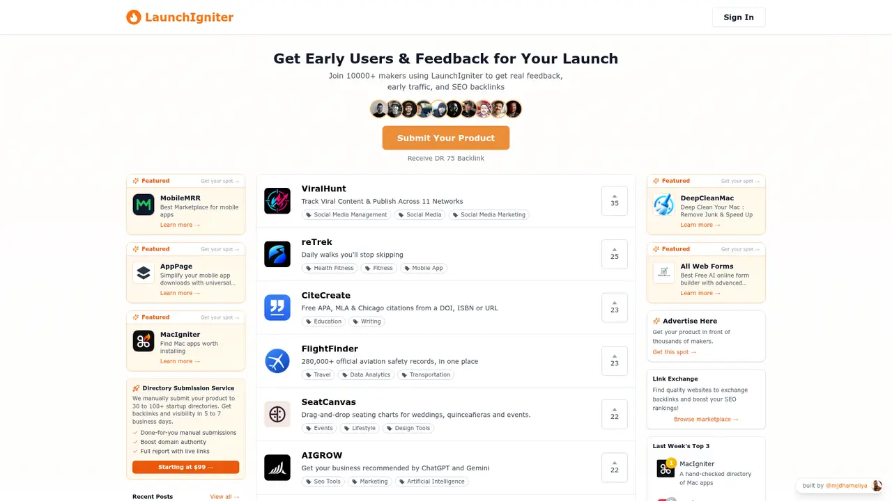 LaunchIgniter homepage screenshot