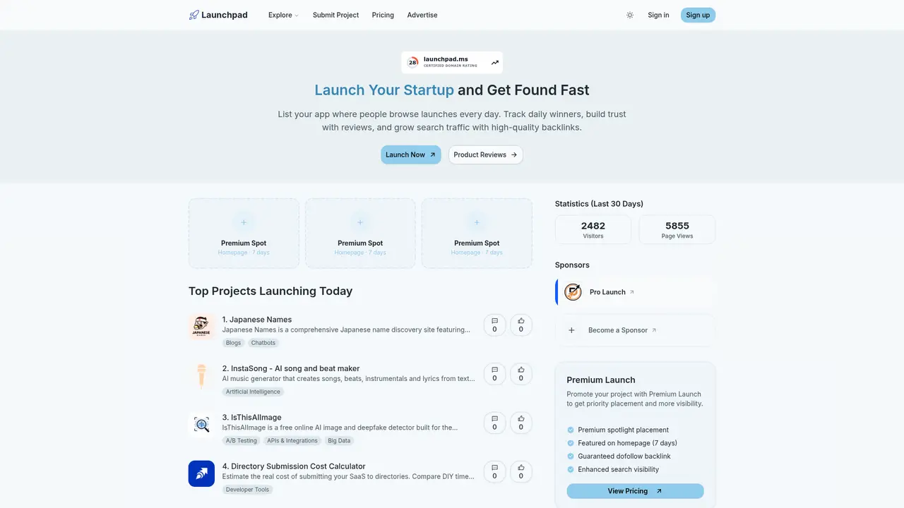 Launchpad homepage screenshot