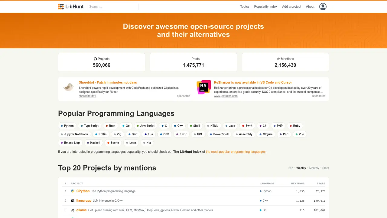 LibHunt homepage screenshot