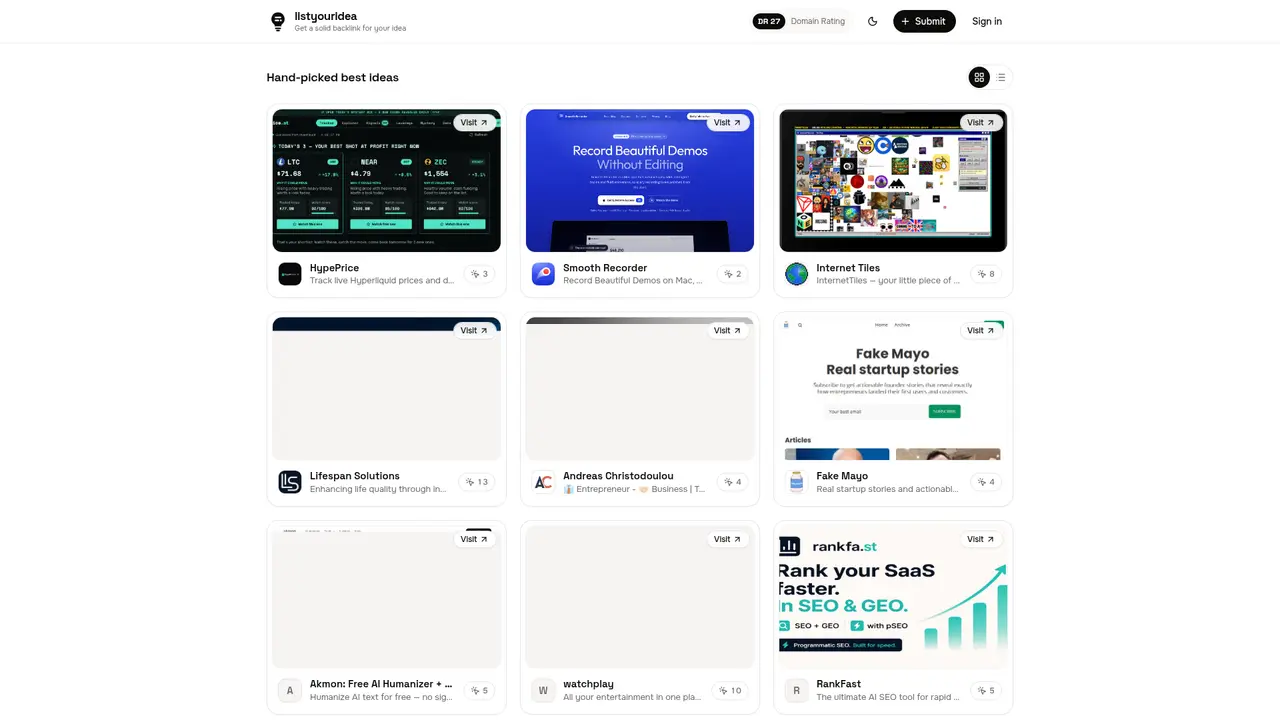 ListYourIdea homepage screenshot