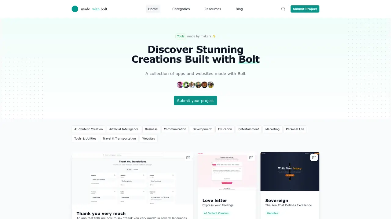 Made with Bolt homepage screenshot