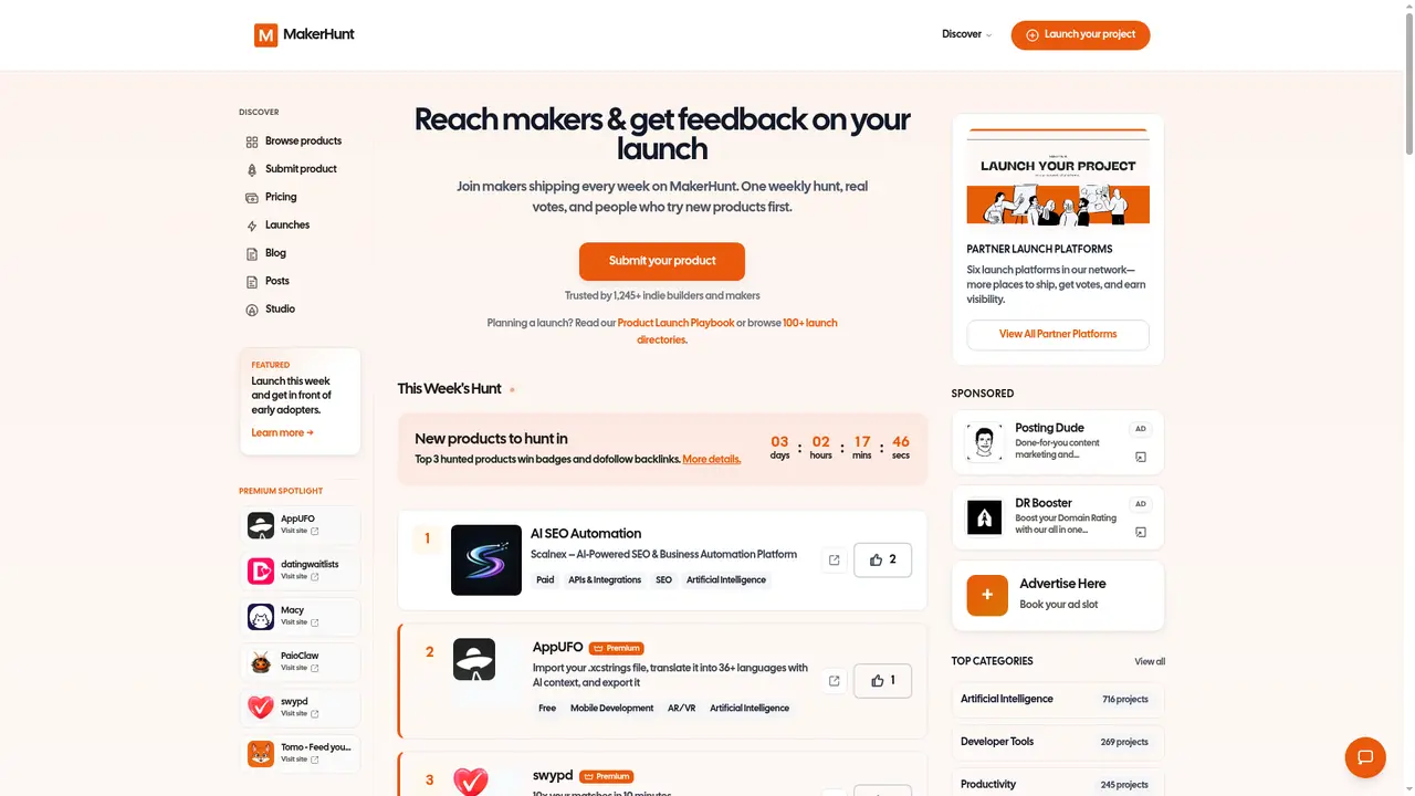 MakerHunt homepage screenshot