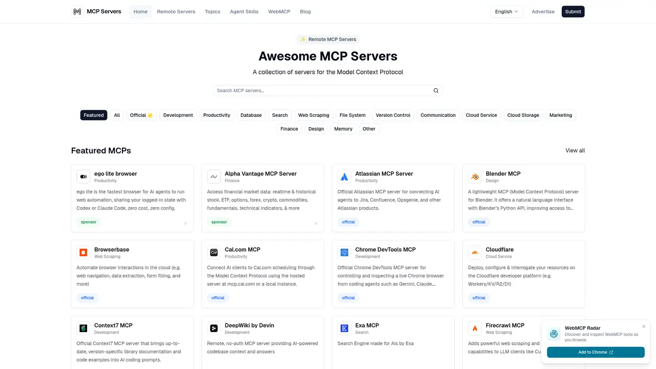 MCP Servers (mcpservers.org) homepage screenshot