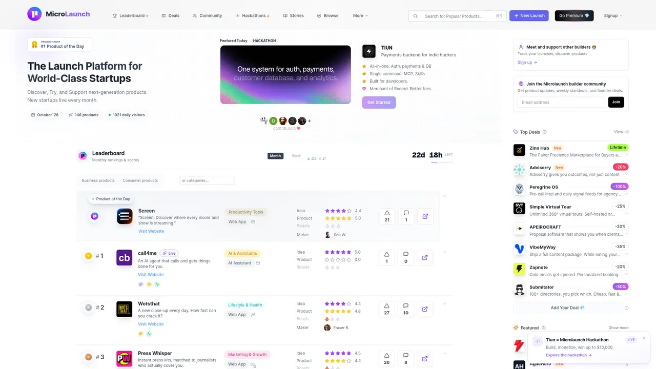 Microlaunch homepage screenshot