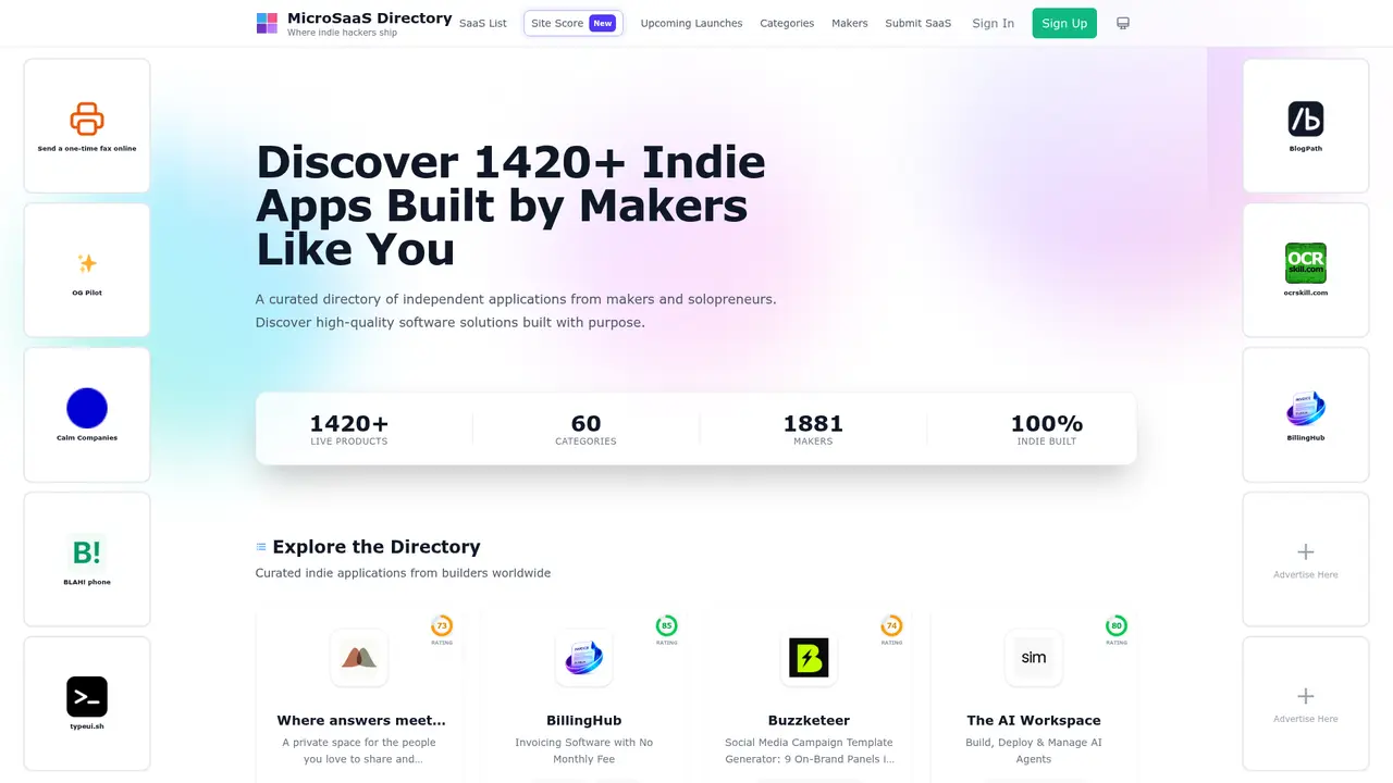 MicroSaaS Directory homepage screenshot