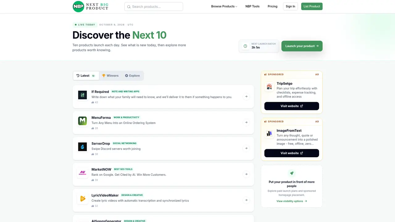 Next Big Product homepage screenshot