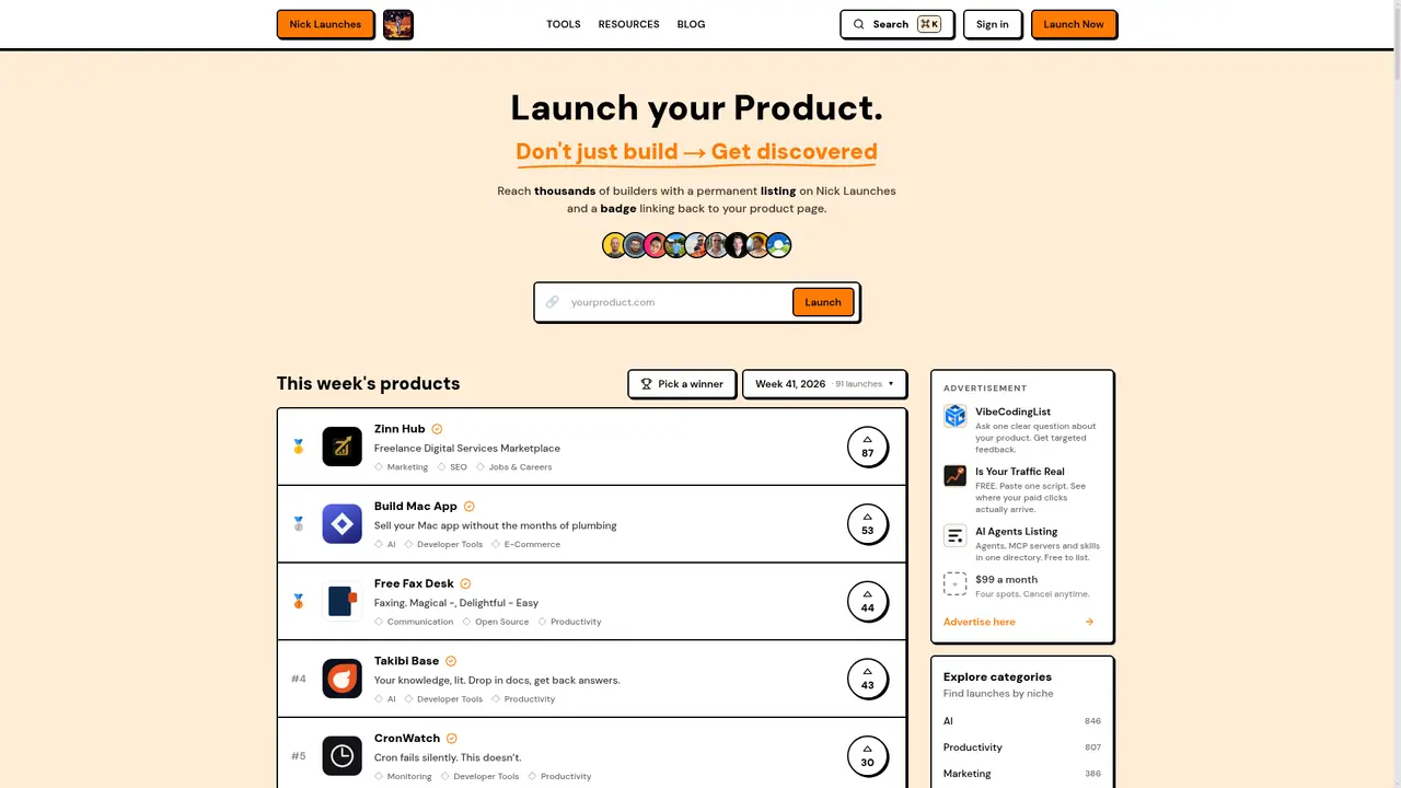 Nick Launches homepage screenshot