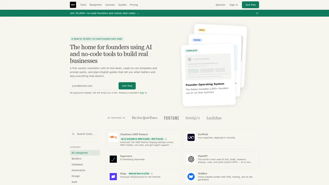 No Code Founders homepage screenshot
