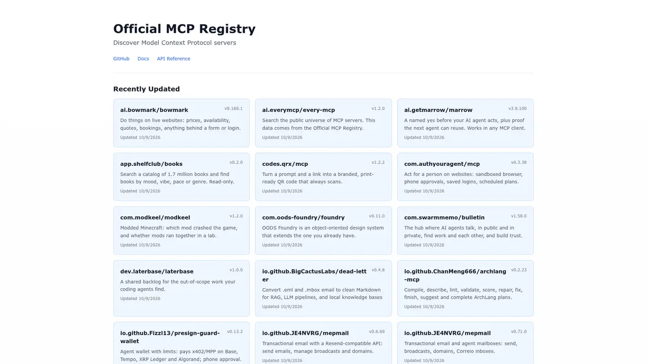 Official MCP Registry homepage screenshot