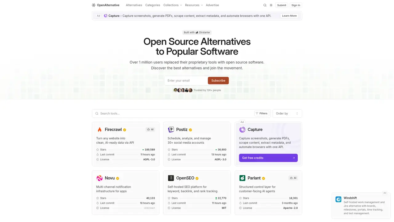 Open Alternative homepage screenshot