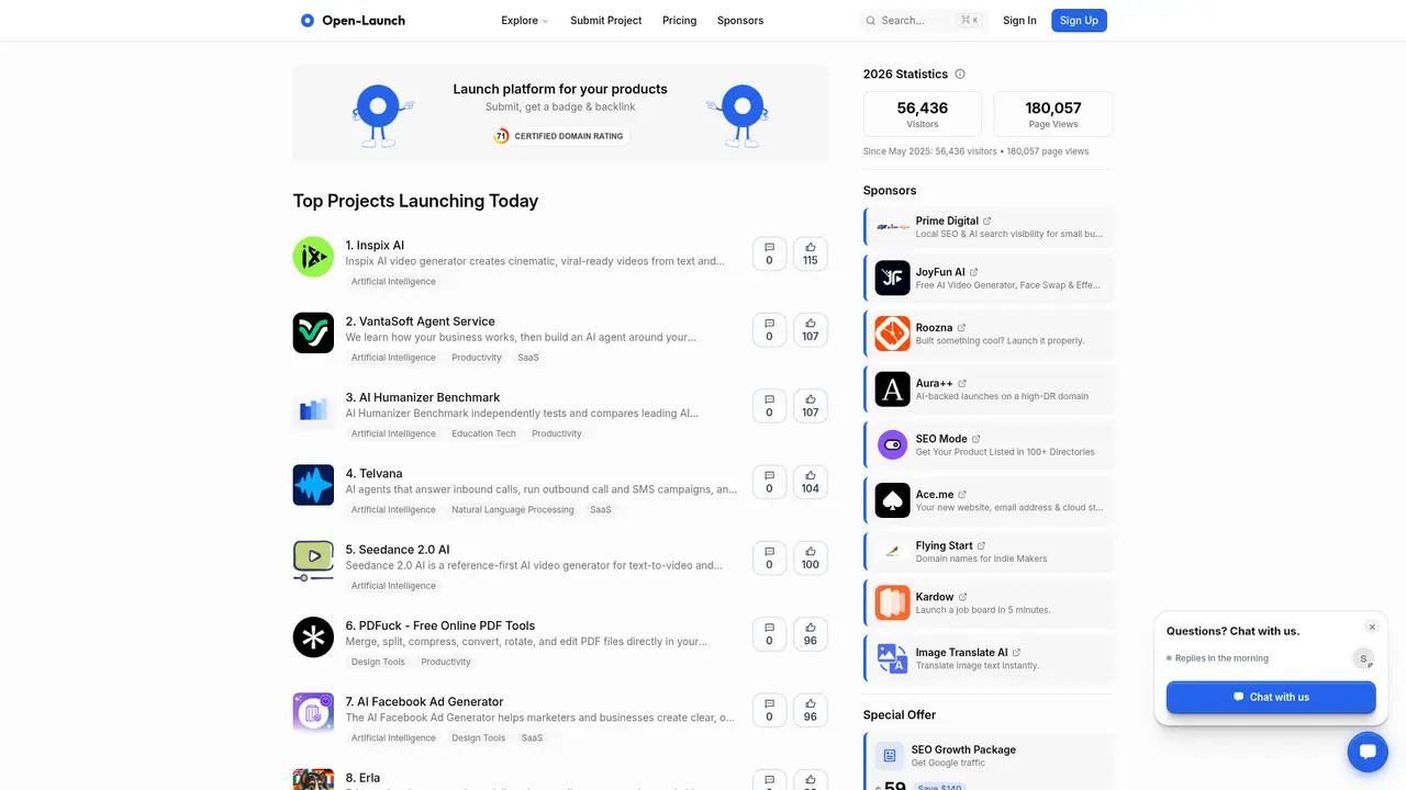 Open Launch homepage screenshot