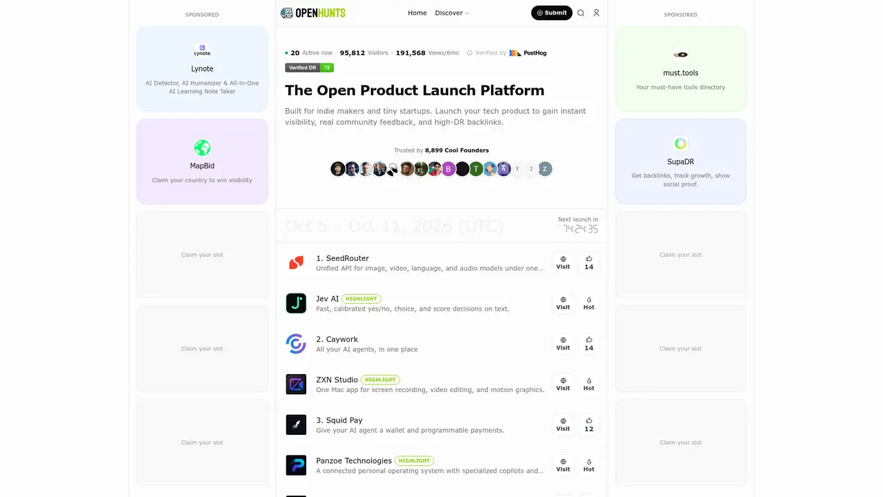 OpenHunts homepage screenshot