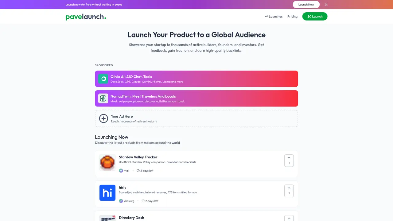 PaveLaunch homepage screenshot
