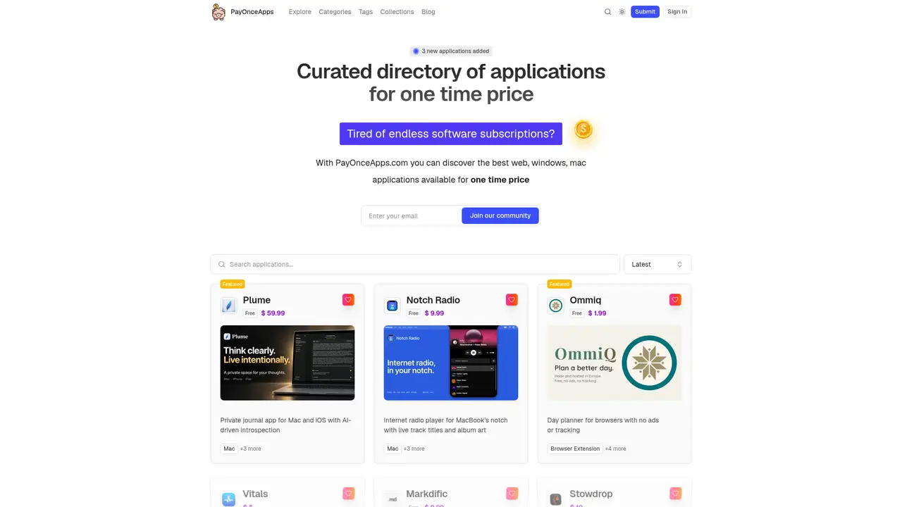 PayOnceApps homepage screenshot